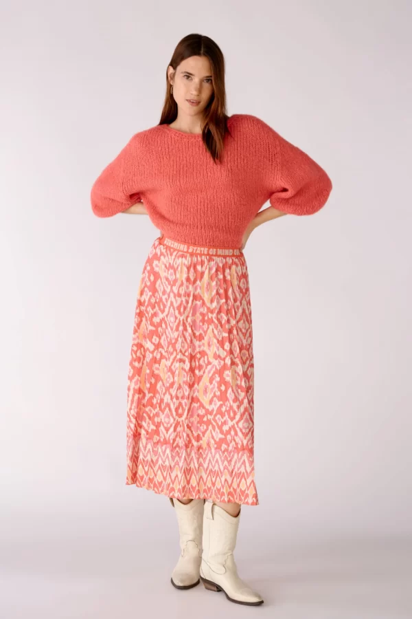 Oui Rose/Orange Pleated Ethnic Print Midi Skirt 78727